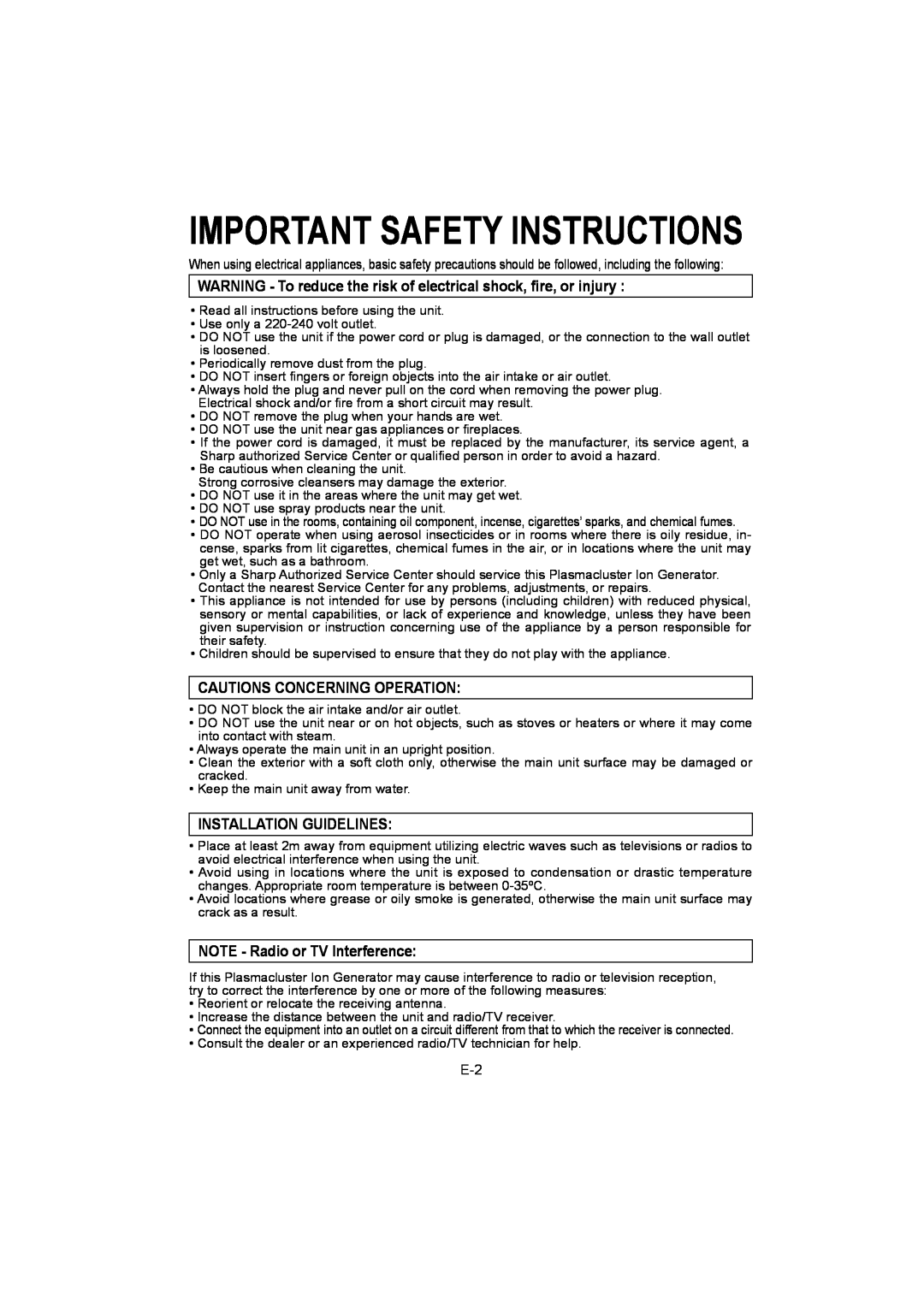 Sharp IG-A10E operation manual Important Safety Instructions, Cautions Concerning Operation, Installation Guidelines 