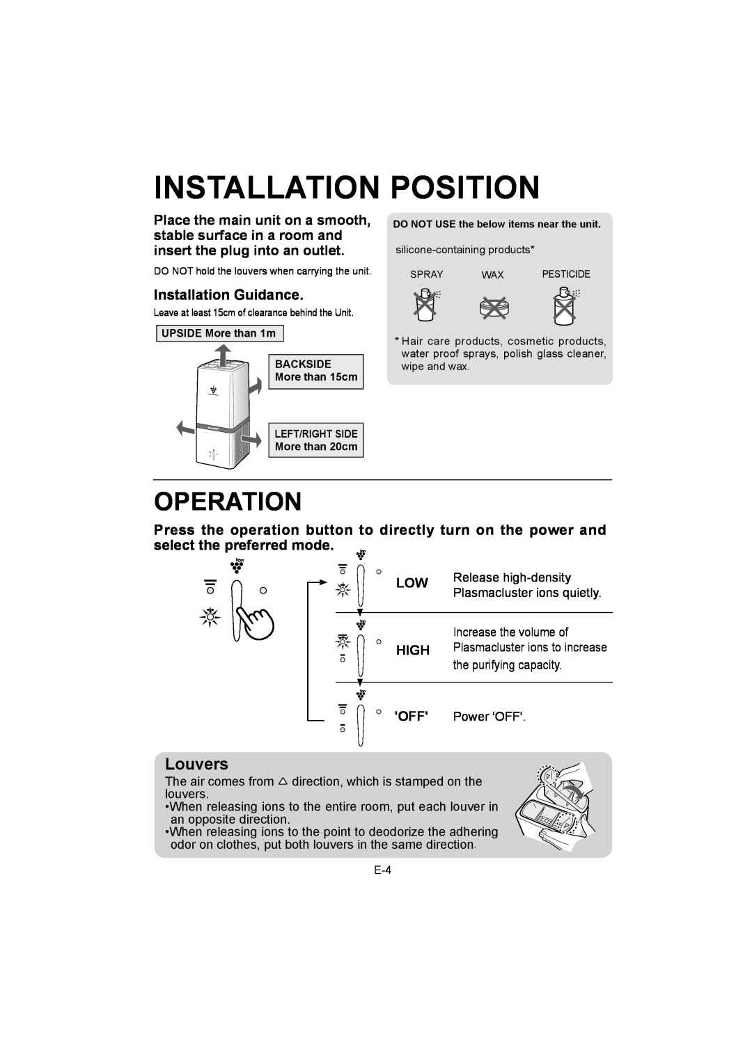 Sharp IG-A10E operation manual Installation Position, Operation, Louvers 
