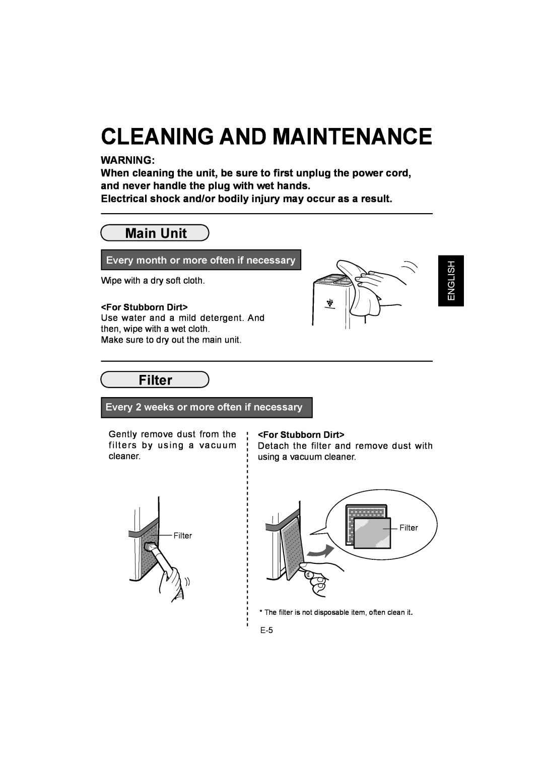 Sharp IG-A10E operation manual Cleaning And Maintenance, Main Unit, Filter, Every month or more often if necessary 