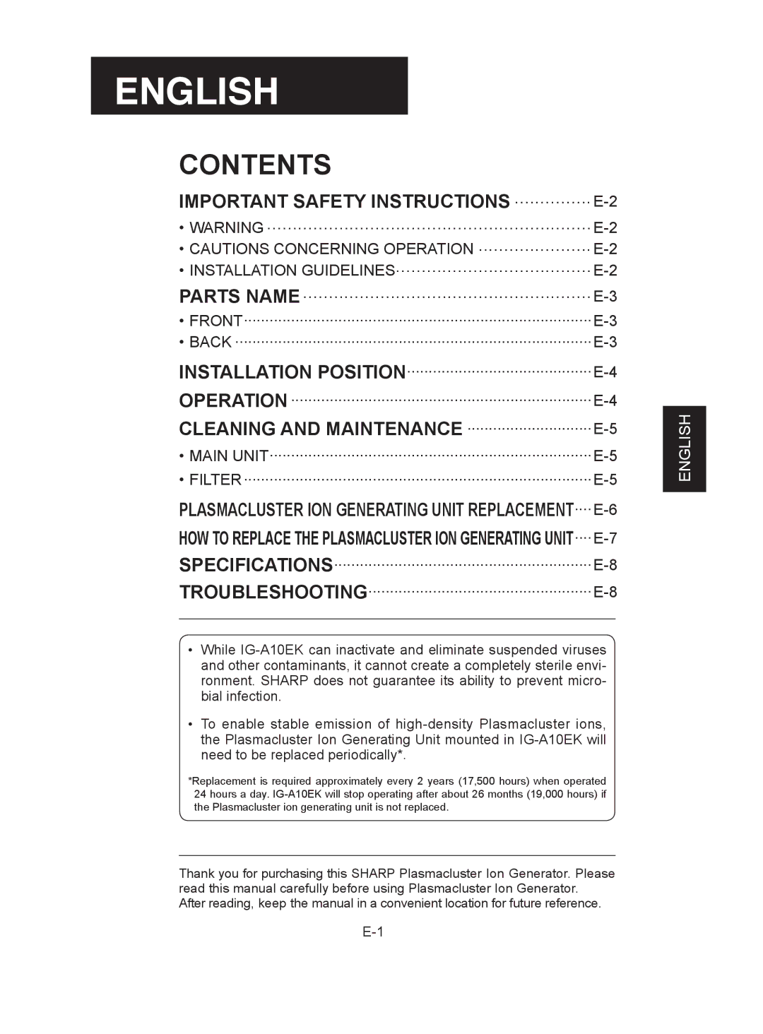 Sharp IG-A10EK operation manual English 