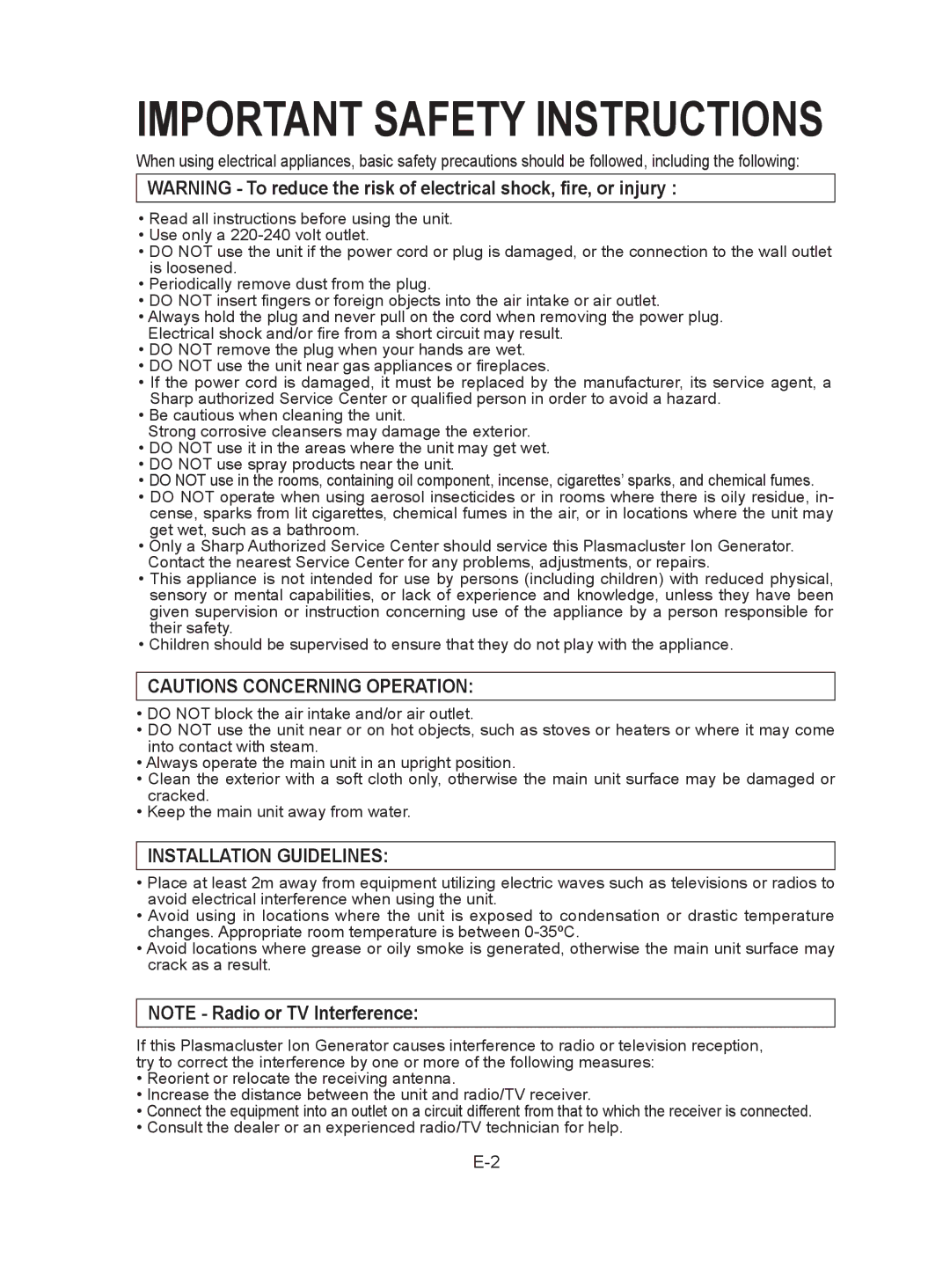 Sharp IG-A10EK operation manual Important Safety Instructions 