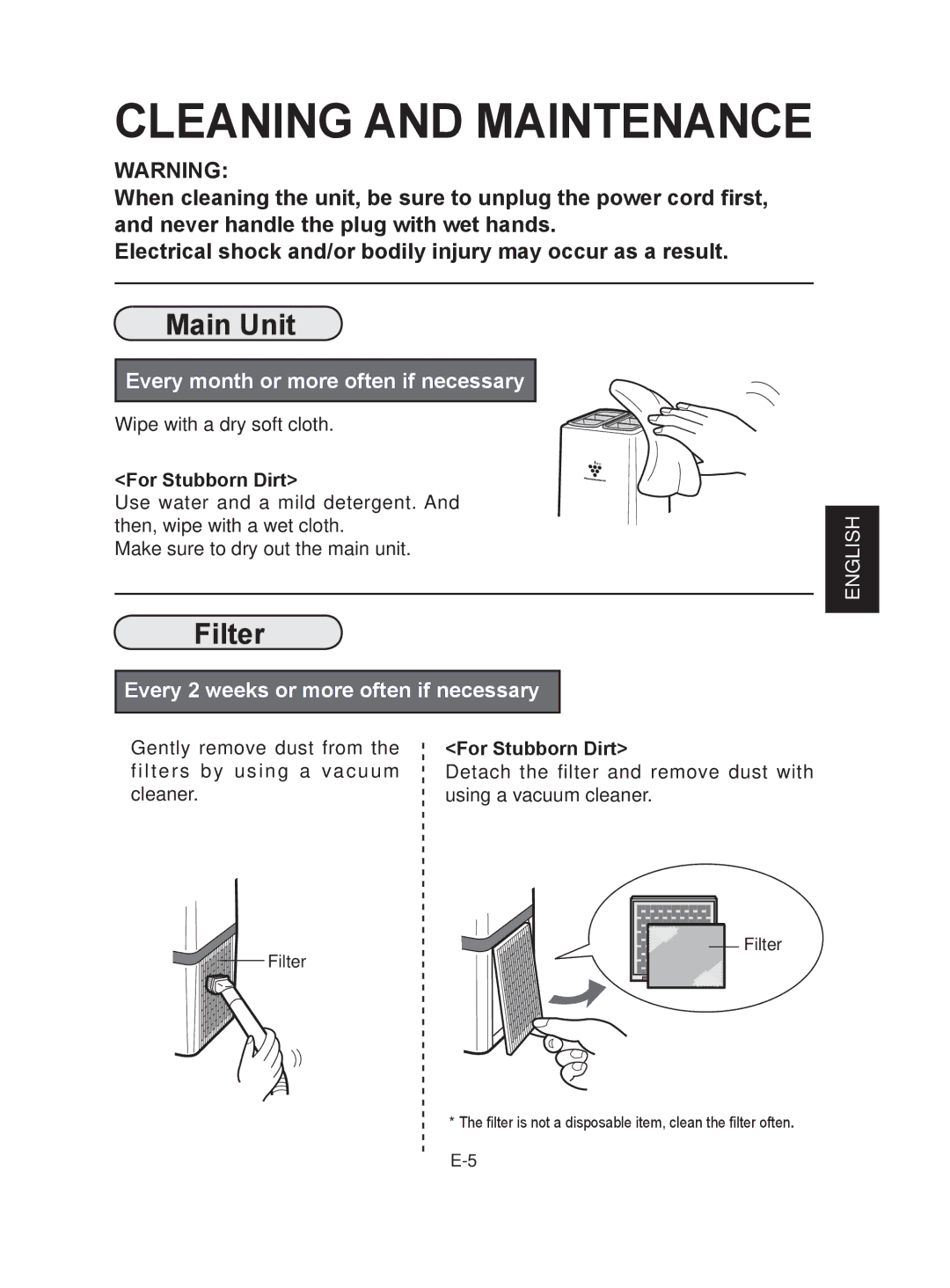 Sharp IG-A10EK operation manual Cleaning and Maintenance, Main Unit 