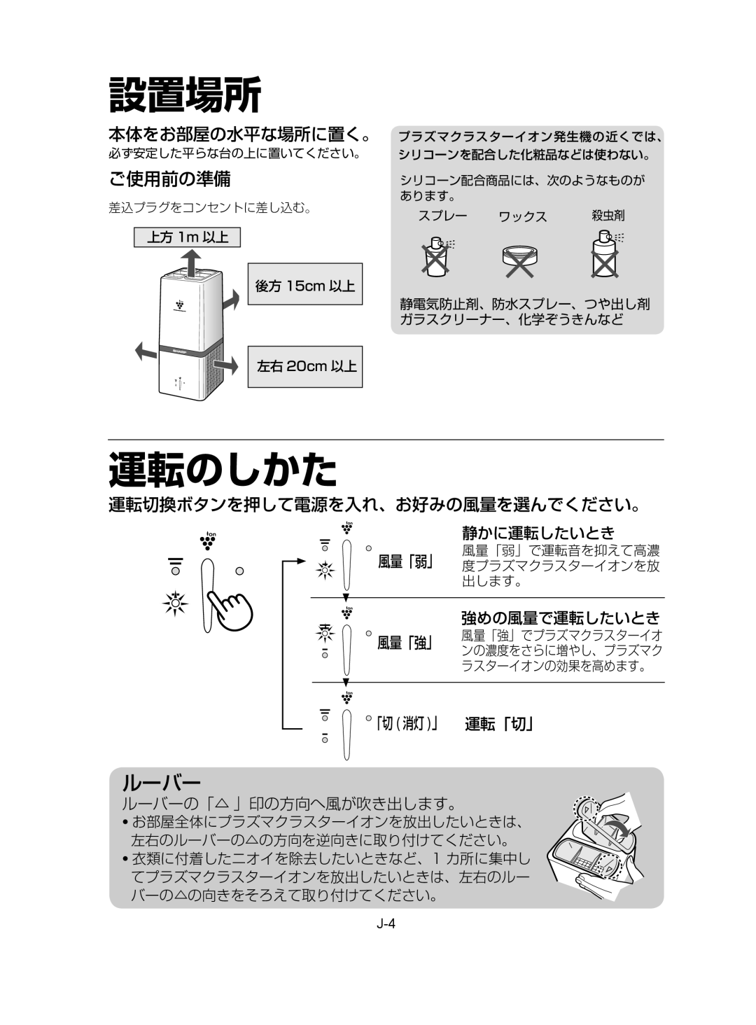 Sharp IG-A10EK operation manual 設置場所, 運転のしかた 