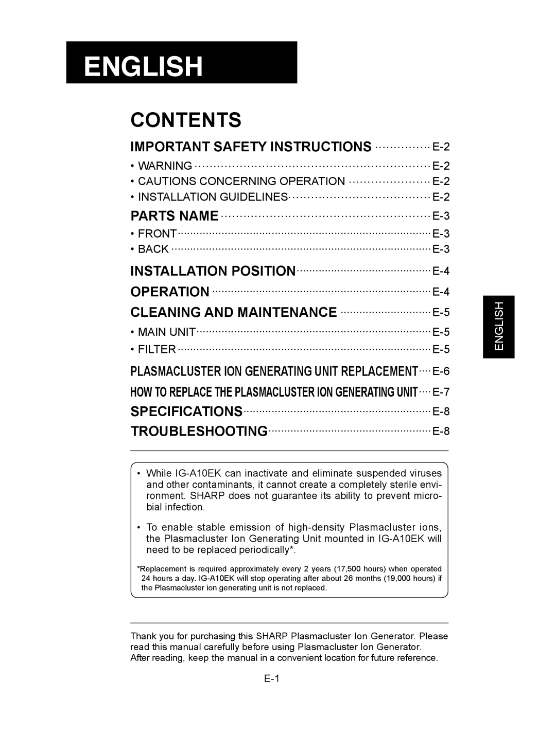 Sharp IG-A10EK operation manual IMPORTANT SAFETY INSTRUCTIONS................E-2, English, Contents 