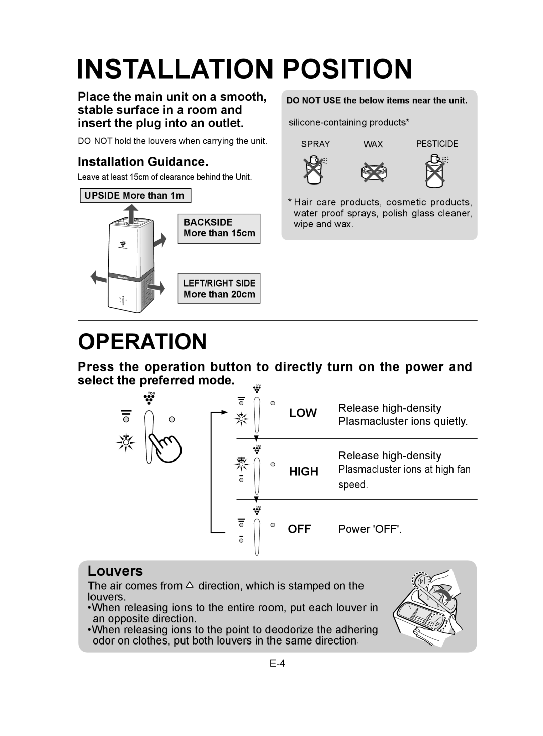 Sharp IG-A10EK operation manual Installation Position, Operation, Louvers 