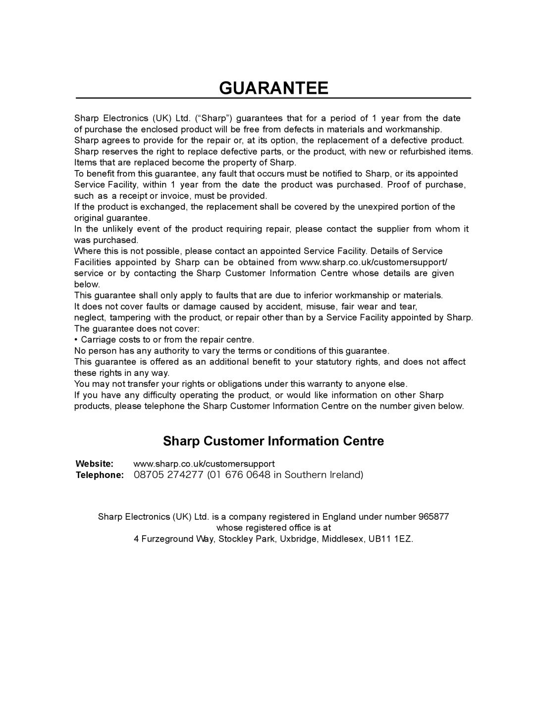 Sharp IG-A10EK operation manual Sharp Customer Information Centre, Guarantee 