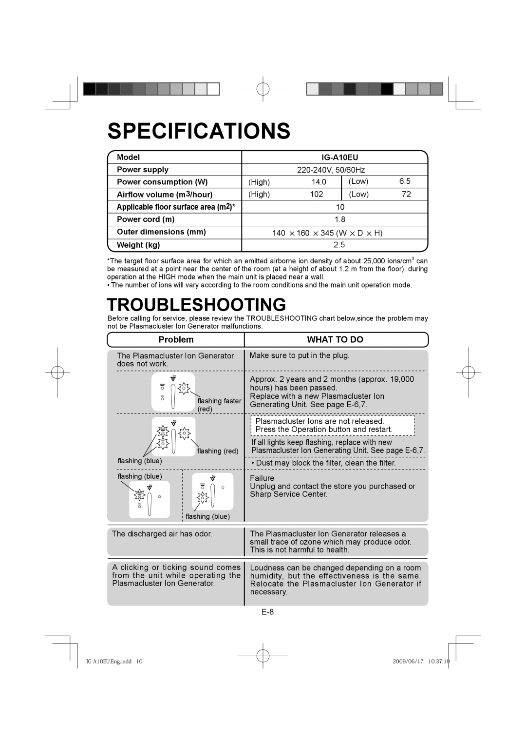 Sharp IG-A10EU operation manual Specifications 