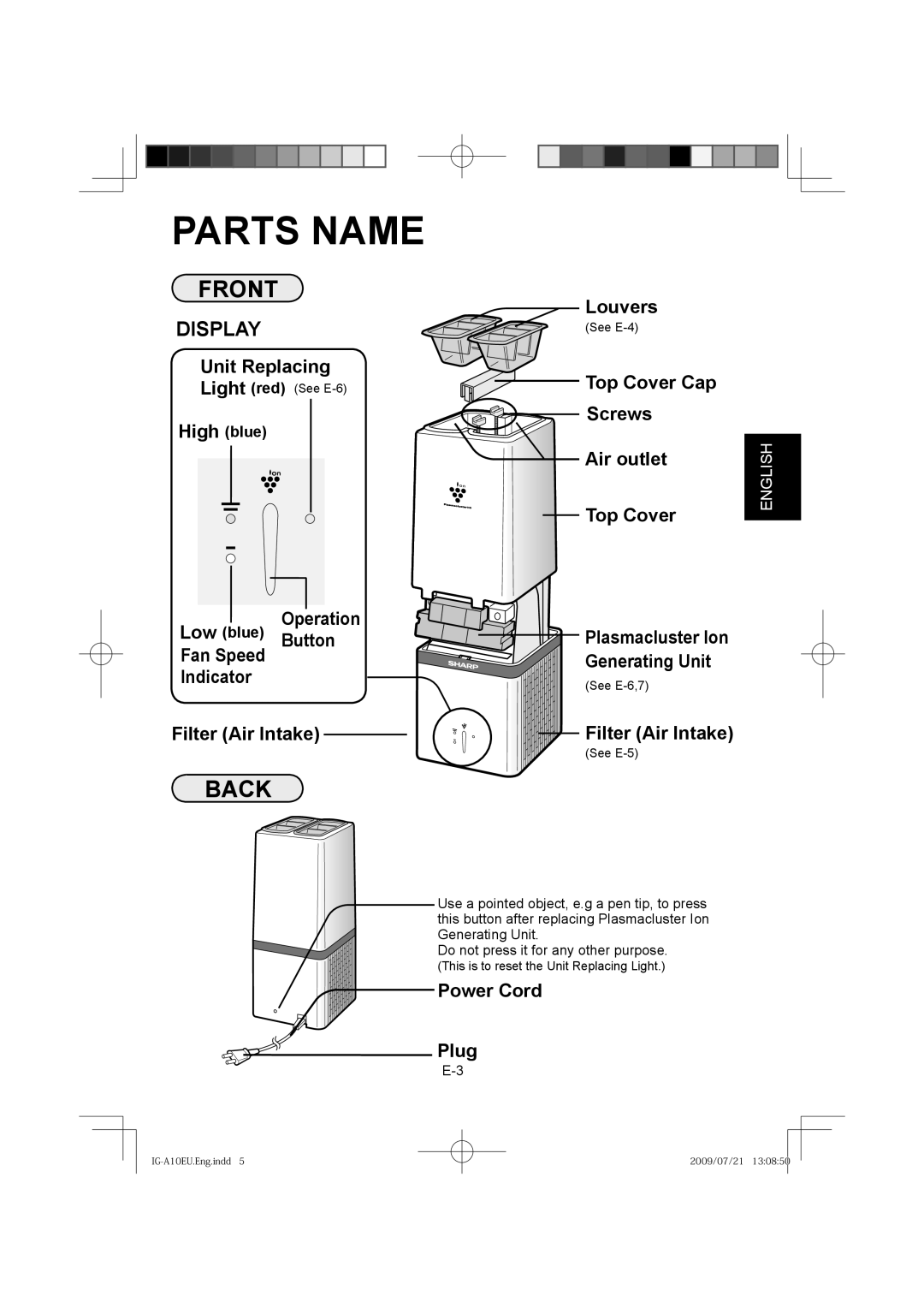 Sharp IG-A10EU operation manual Parts Name, Front 