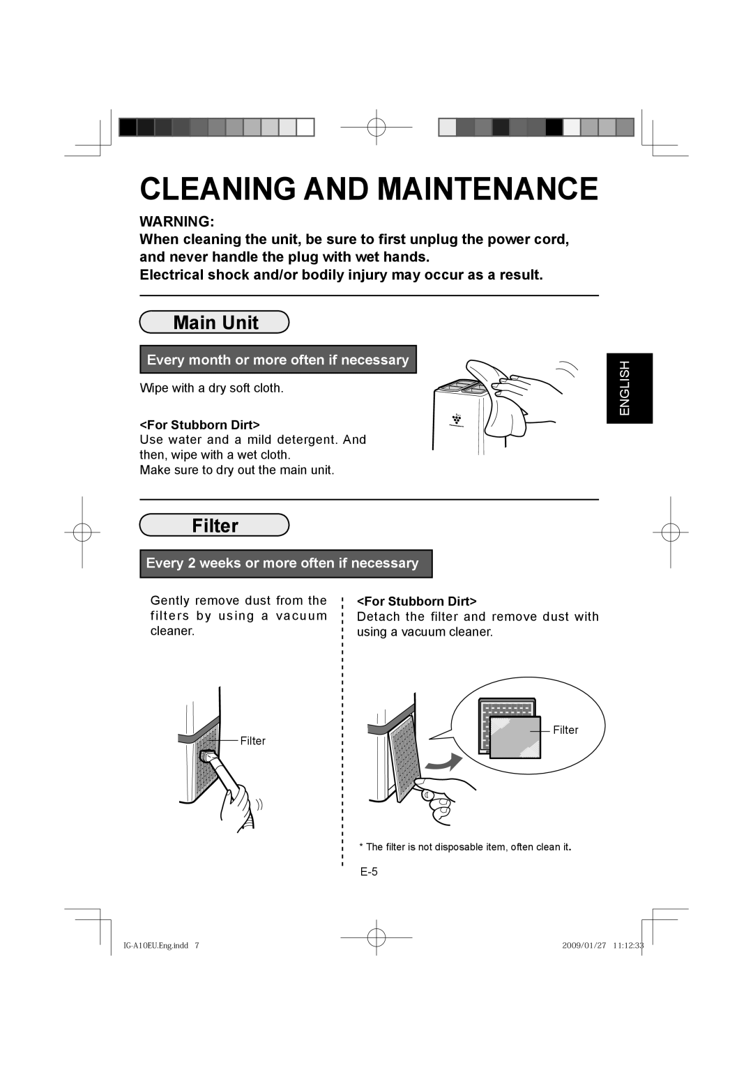 Sharp IG-A10EU operation manual Cleaning and Maintenance, Main Unit 