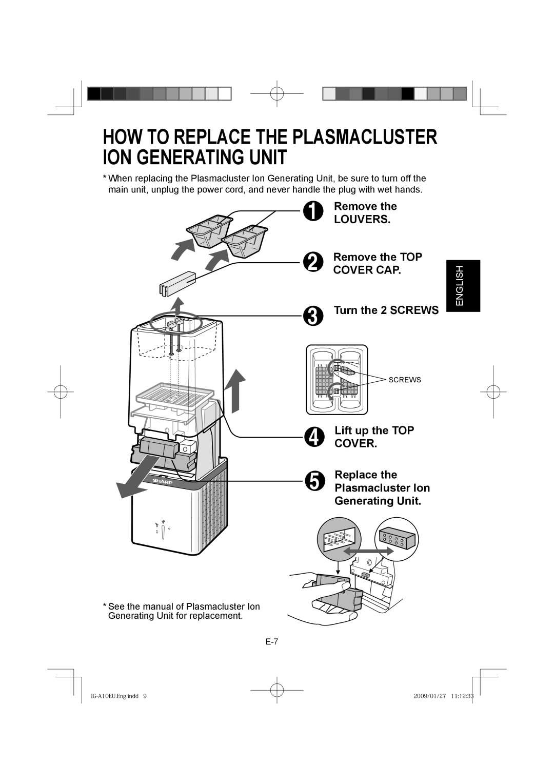 Sharp IG-A10EU operation manual HOW to Replace the Plasmacluster ION Generating Unit 