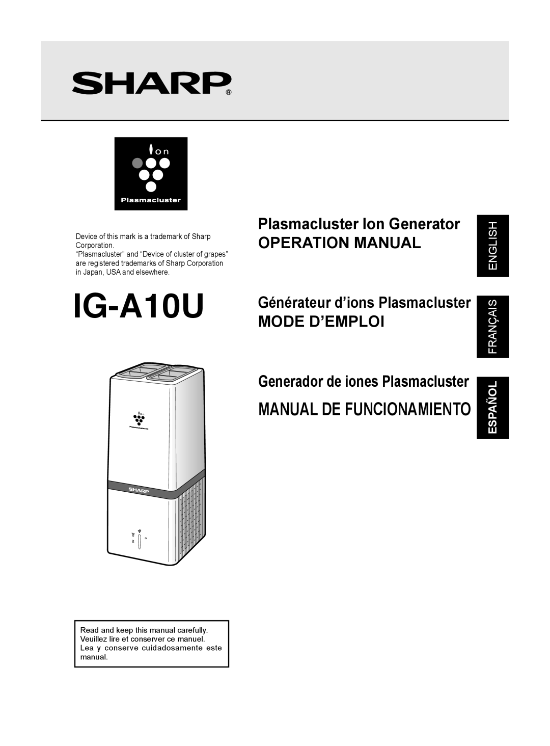 Sharp IG-A10U operation manual Générateur d’ions Plasmacluster, Manual DE Funcionamiento 