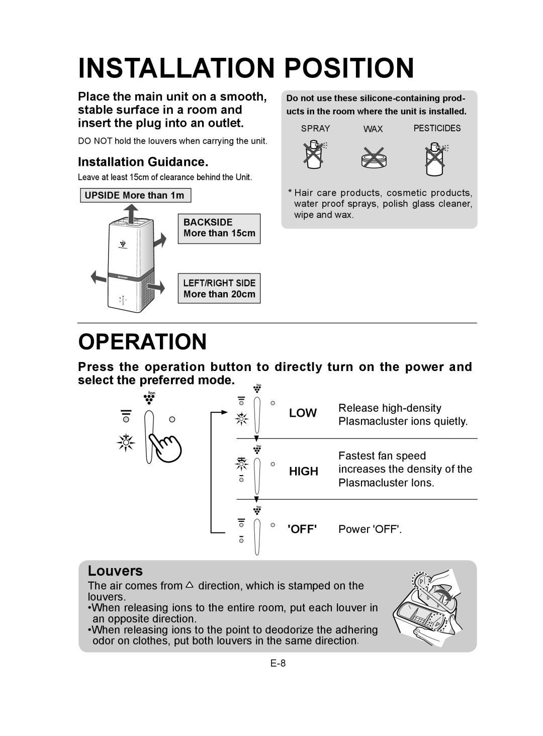 Sharp IG-A10U operation manual Installation Position, Operation, Louvers 