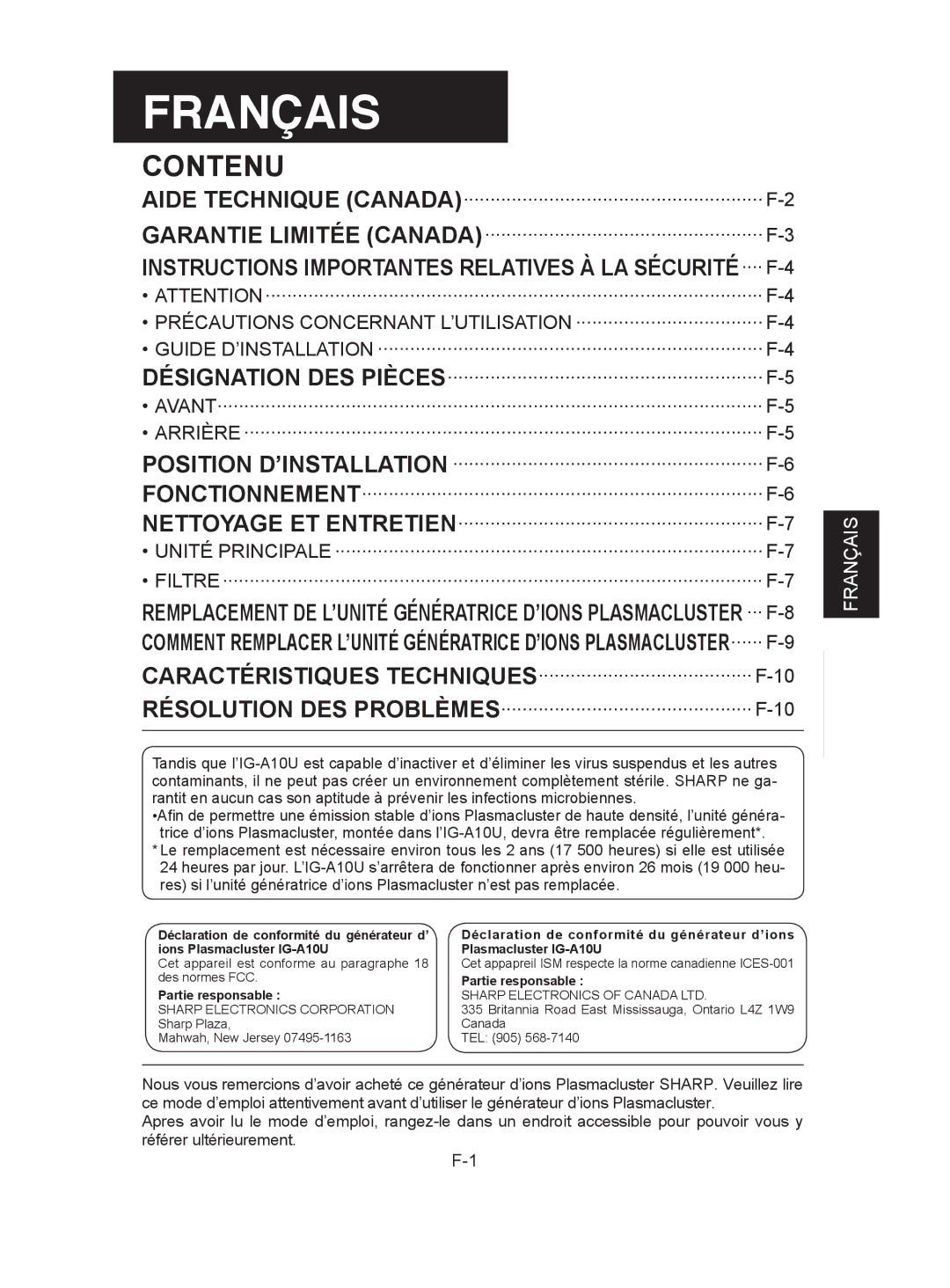 Sharp IG-A10U operation manual Français 