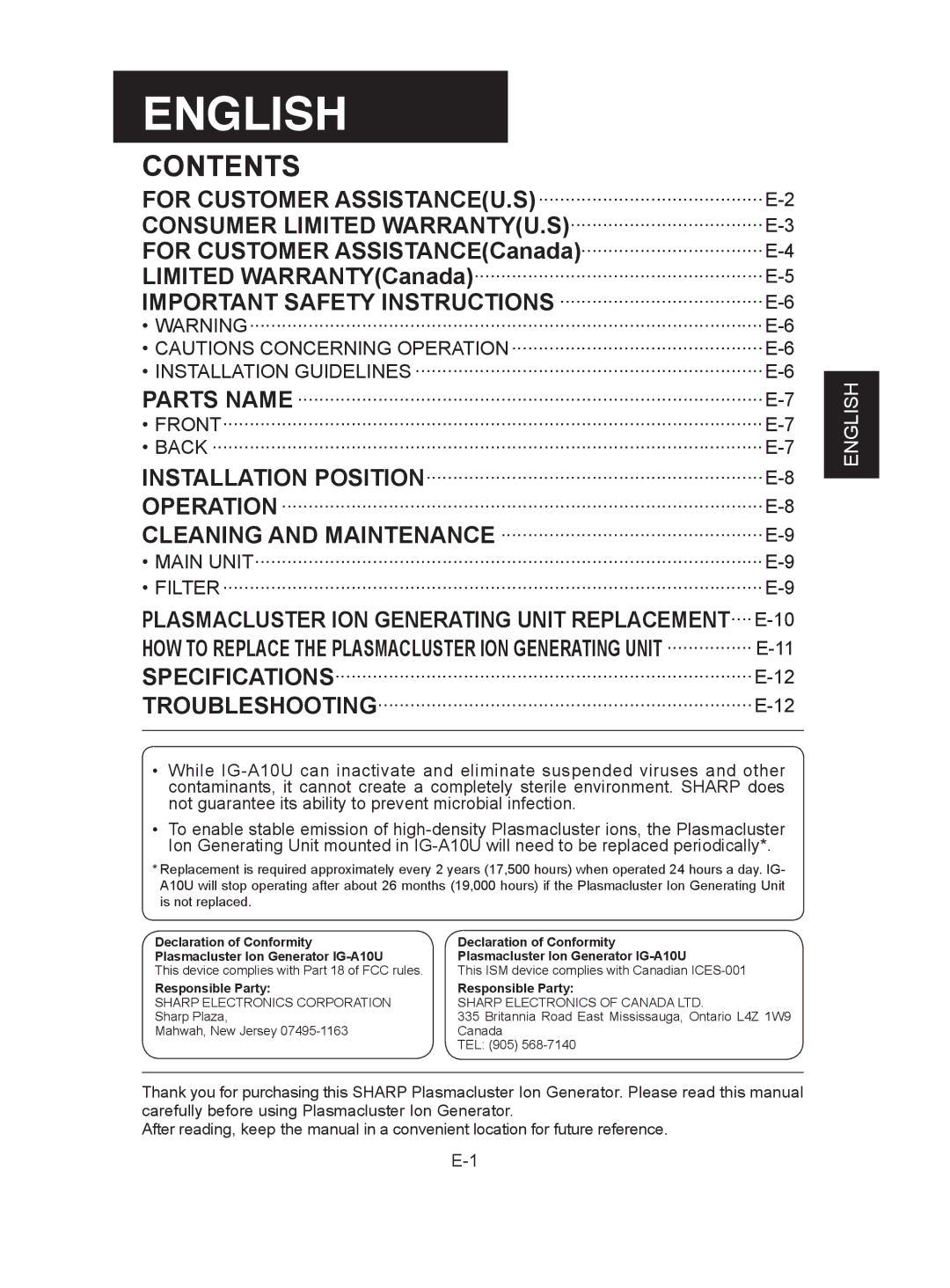 Sharp IG-A10U operation manual English 