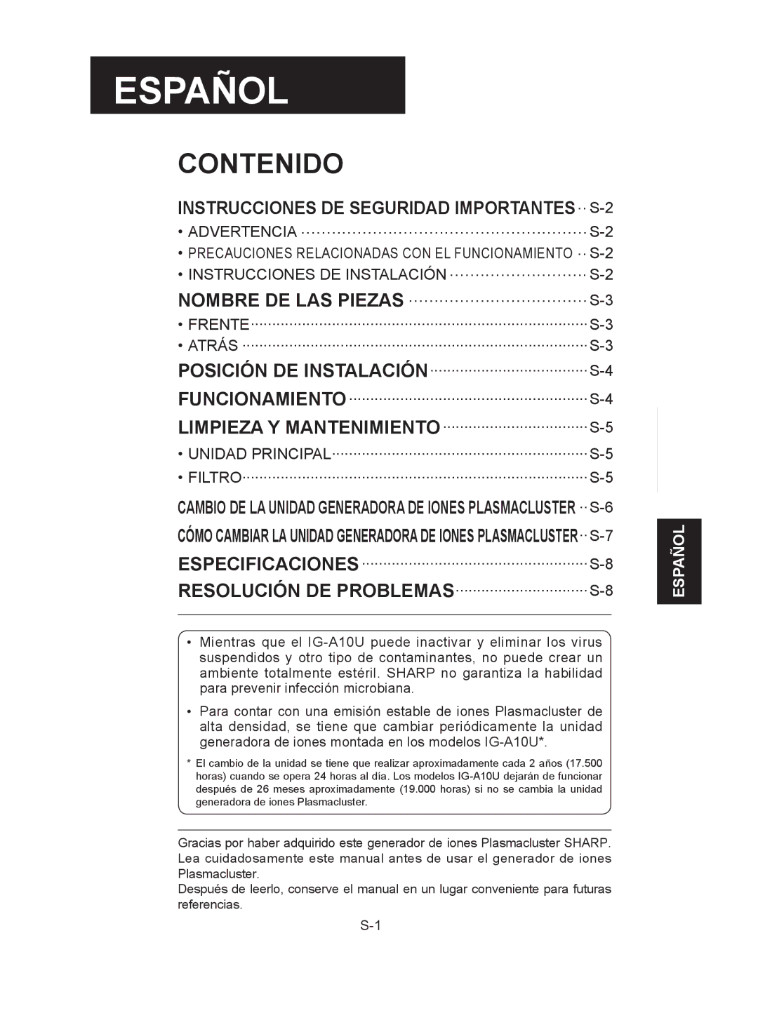 Sharp IG-A10U operation manual Español 