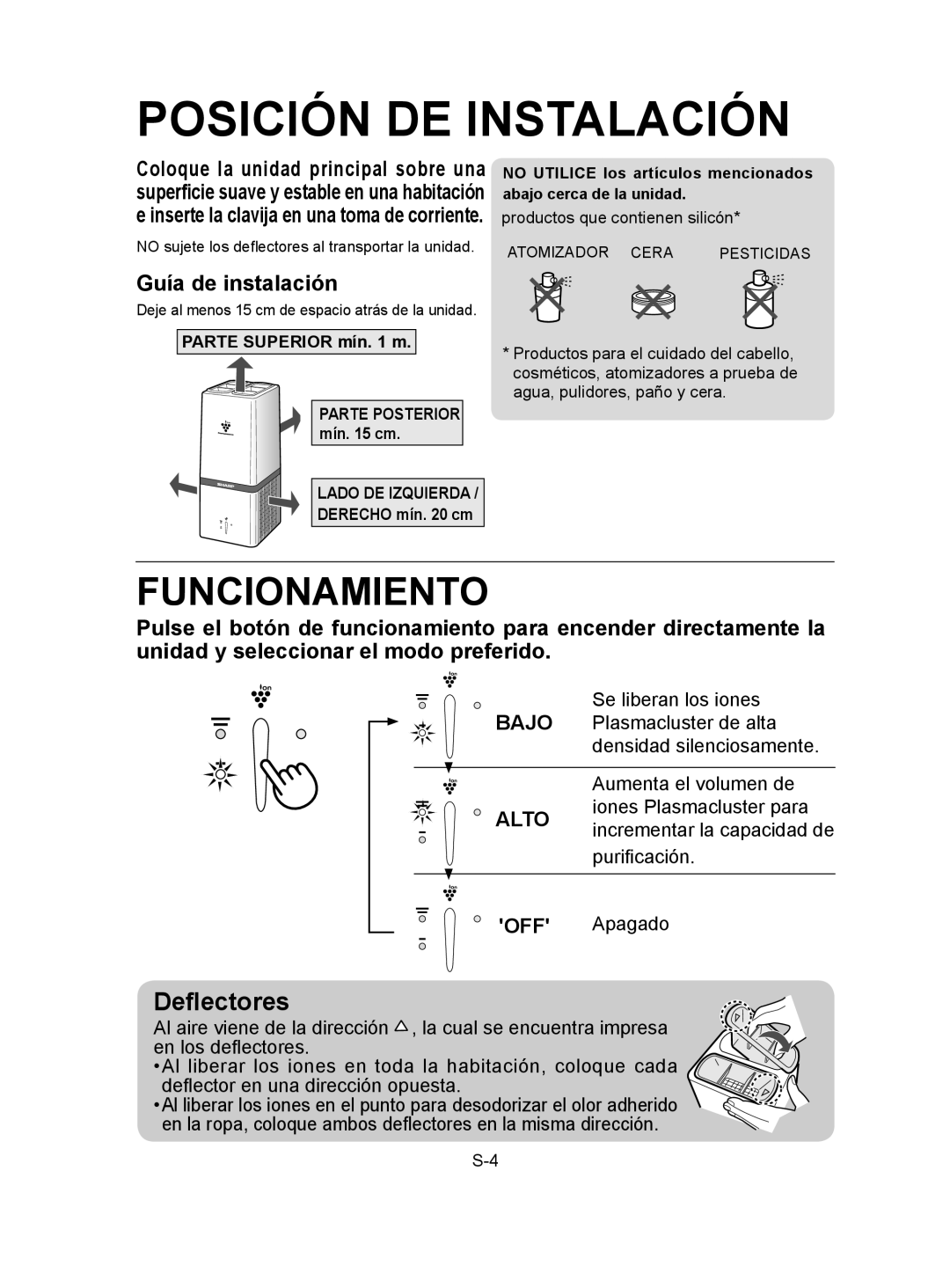 Sharp IG-A10U operation manual Posición DE Instalación, Funcionamiento, Deflectores 