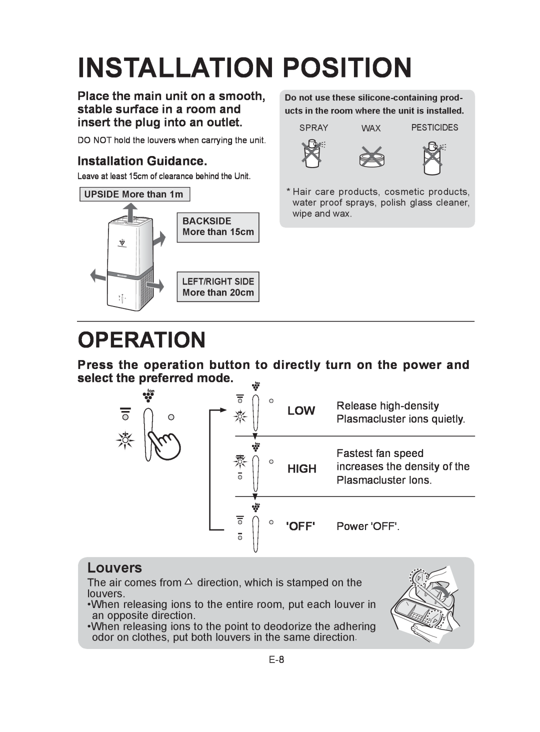 Sharp IG-A10U operation manual Installation Position, Operation, Louvers, Installation Guidance 