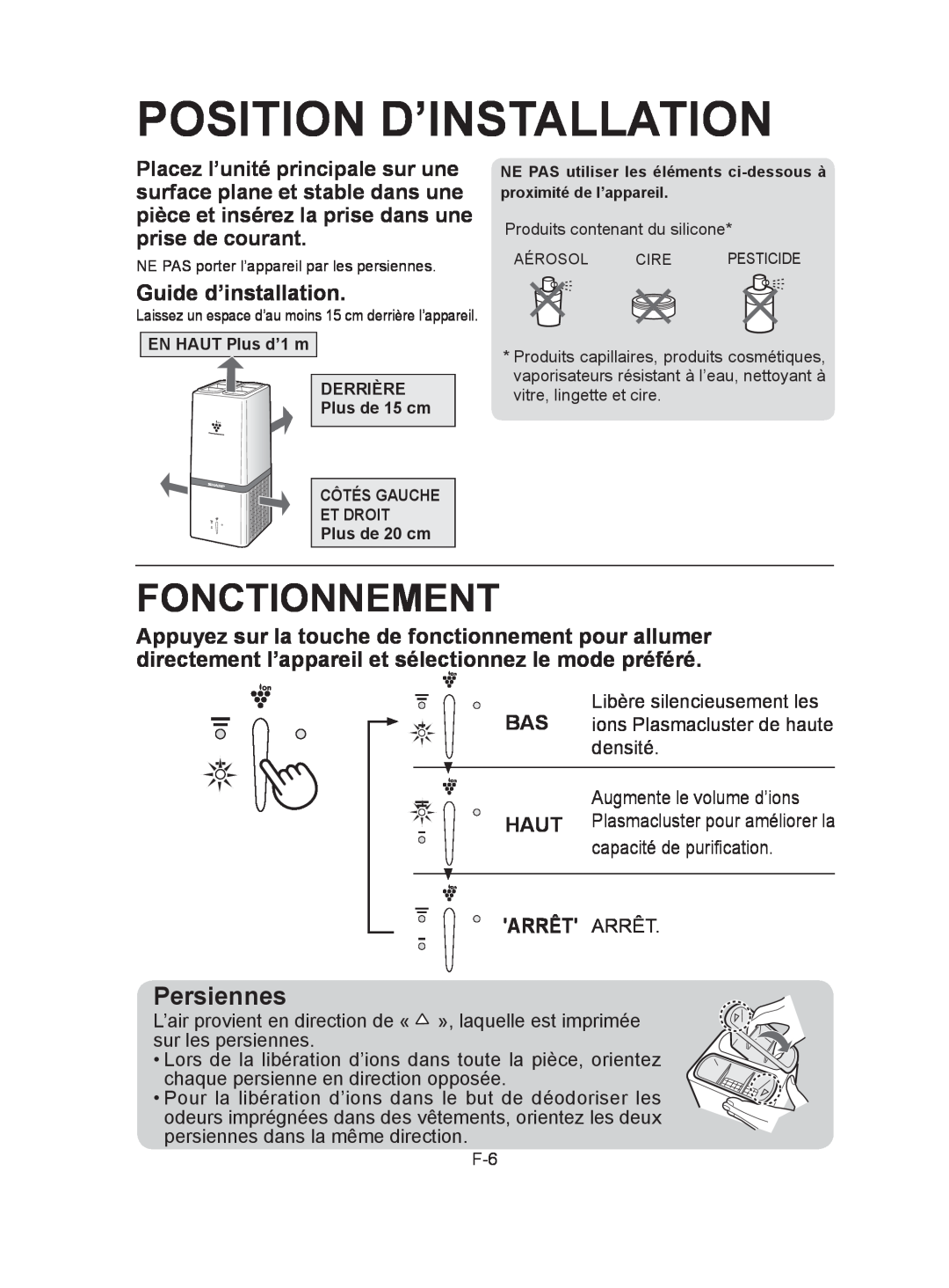 Sharp IG-A10U operation manual Position D’Installation, Fonctionnement, Persiennes, Guide d’installation 