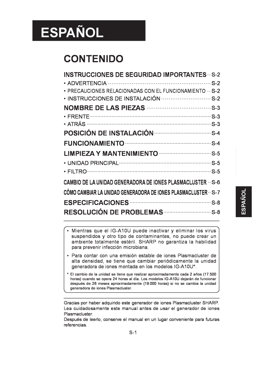 Sharp IG-A10U operation manual INSTRUCCIONES DE SEGURIDAD IMPORTANTES..S-2, Contenido, Español Français English 