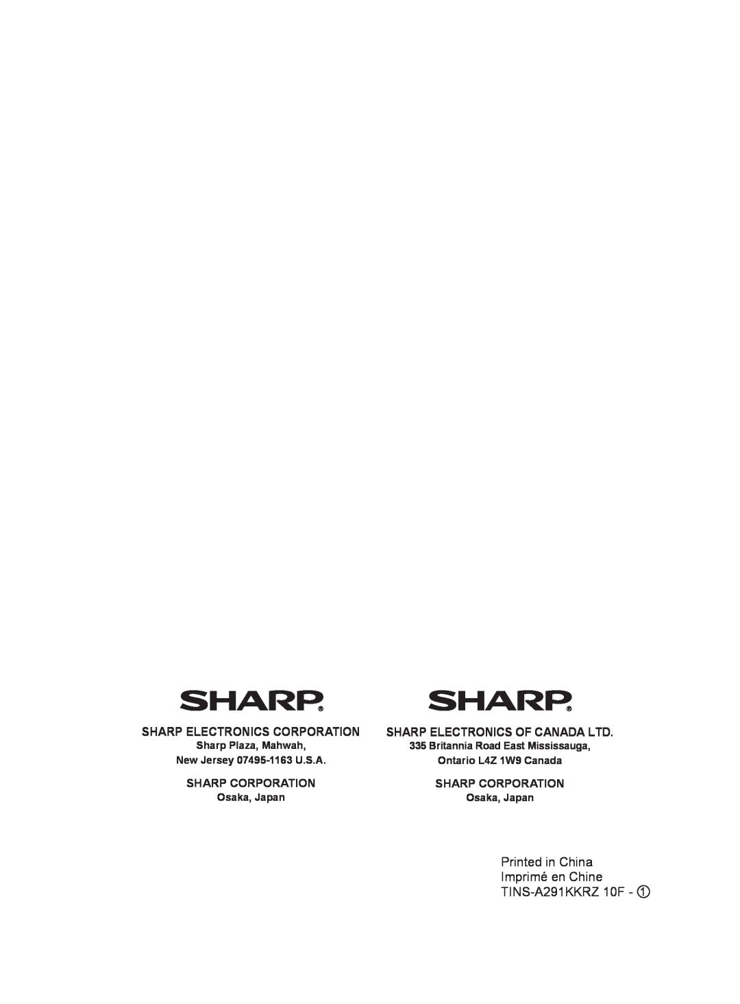 Sharp IG-A10U operation manual Sharp Electronics Corporation, Sharp Corporation, New Jersey 07495-1163 U.S.A, Osaka, Japan 