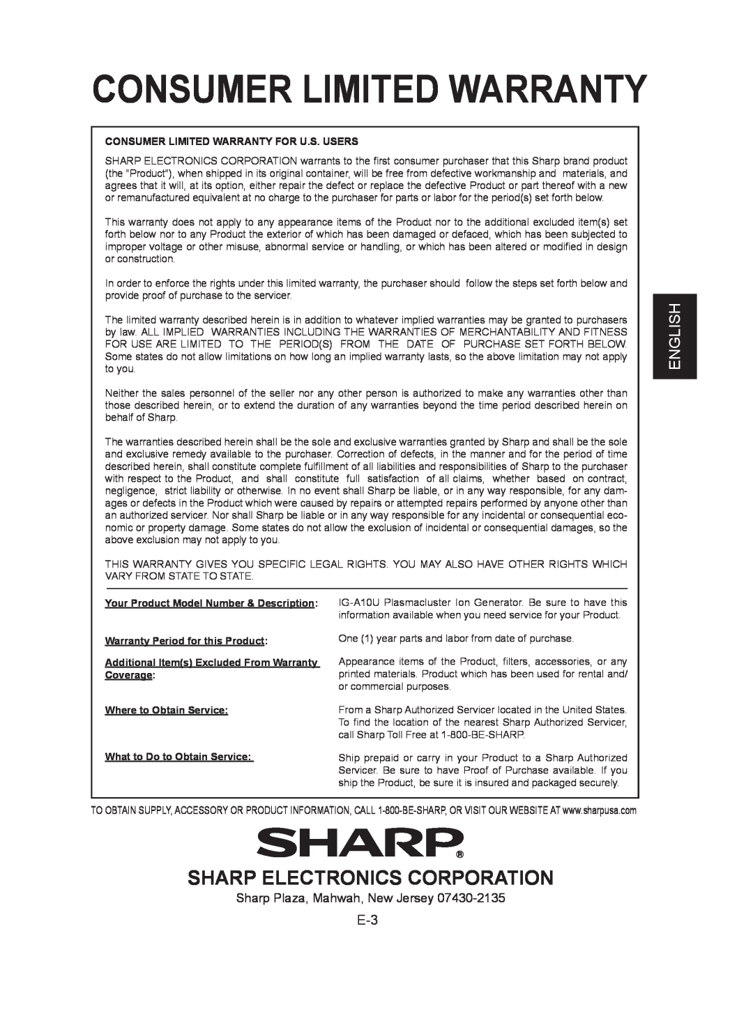 Sharp IG-A10U operation manual Sharp Electronics Corporation, Consumer Limited Warranty, Español Français English 