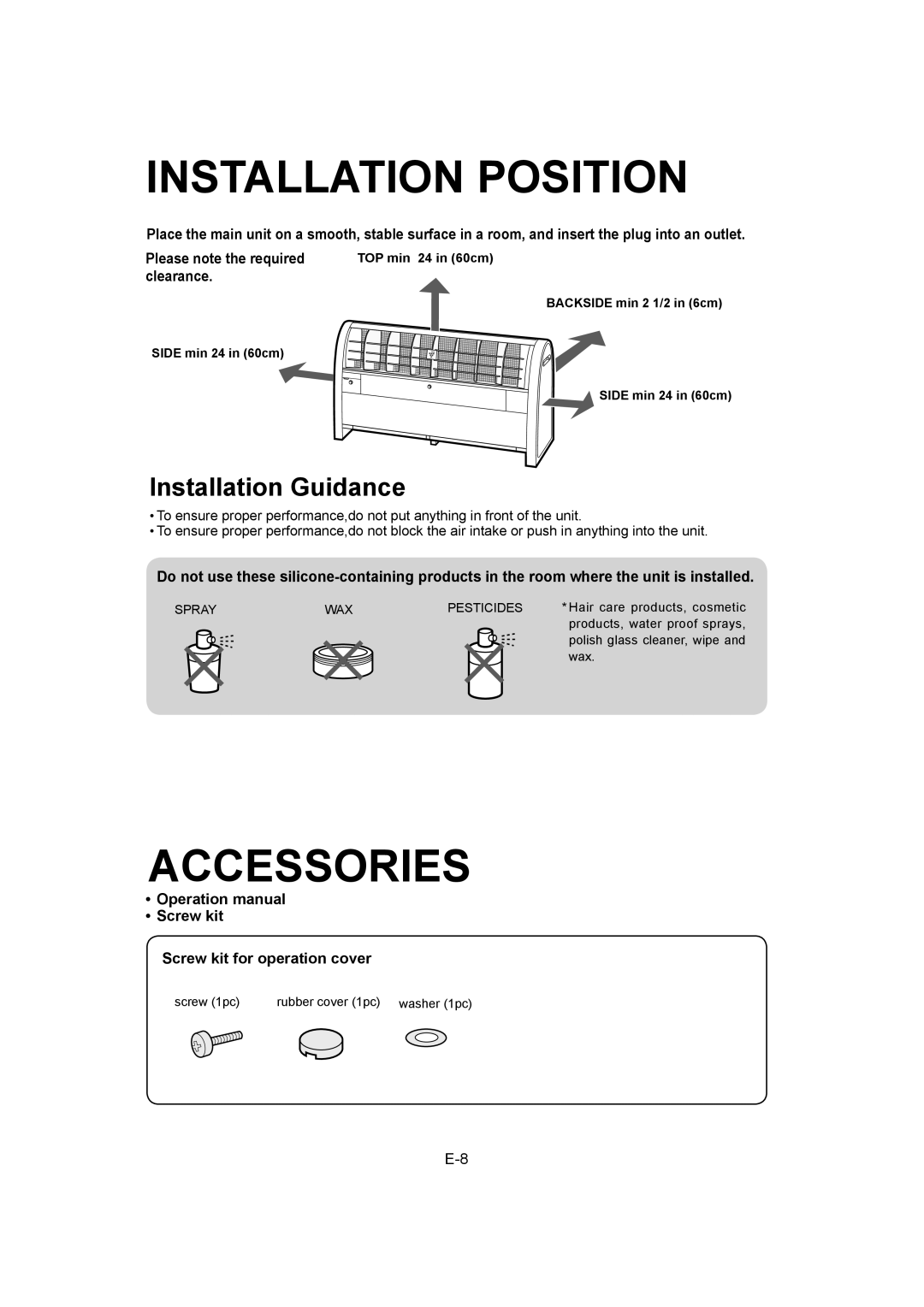 Sharp IG-A40U operation manual Installation Position, Accessories, Screw kit Screw kit for operation cover 