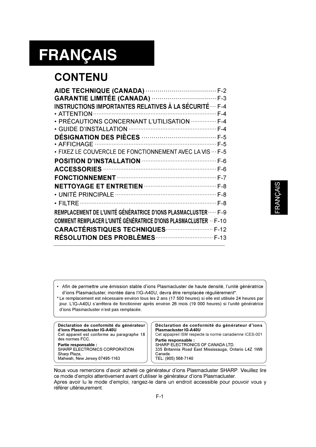 Sharp IG-A40U operation manual Français, Instructions Importantes Relatives À LA SÉCURITÉ.... F-4 