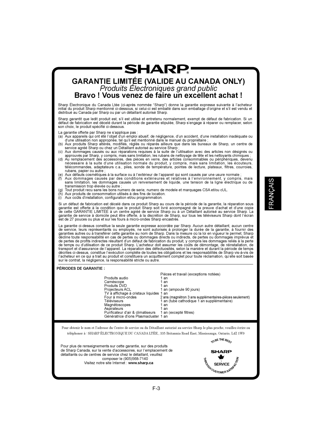 Sharp IG-A40U operation manual Garantie Limitée Valide AU Canada only 