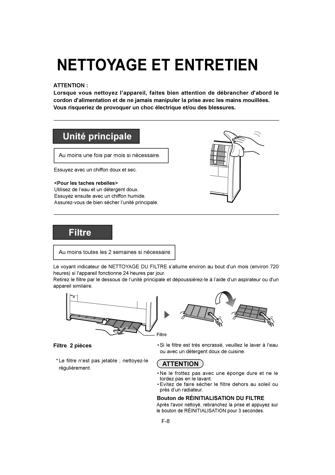 Sharp IG-A40U operation manual Nettoyage ET Entretien, Au moins une fois par mois si nécessaire, Filtre 2 pièces 