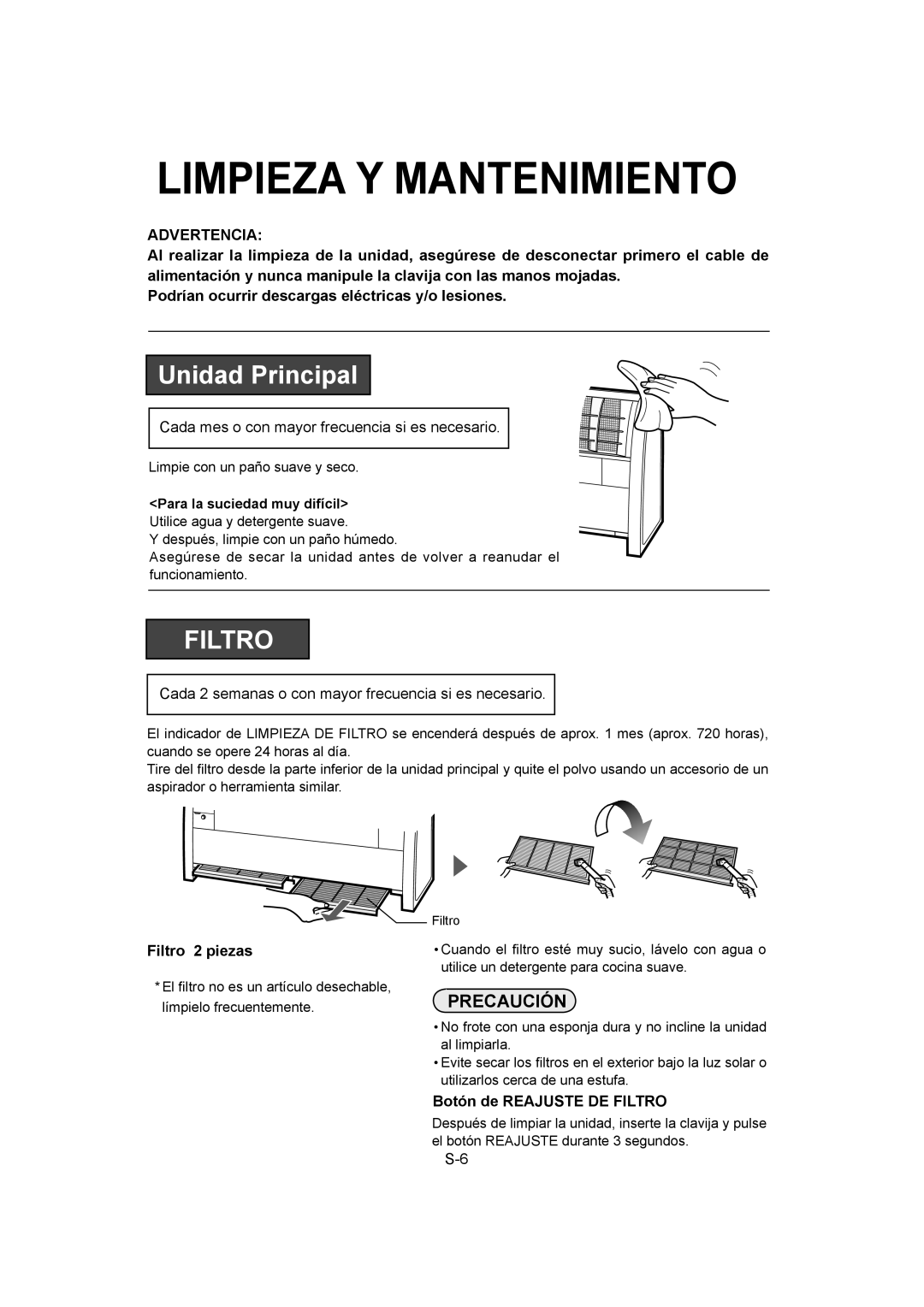 Sharp IG-A40U operation manual Limpieza Y Mantenimiento, Precaución, Filtro 2 piezas, Botón de Reajuste DE Filtro 