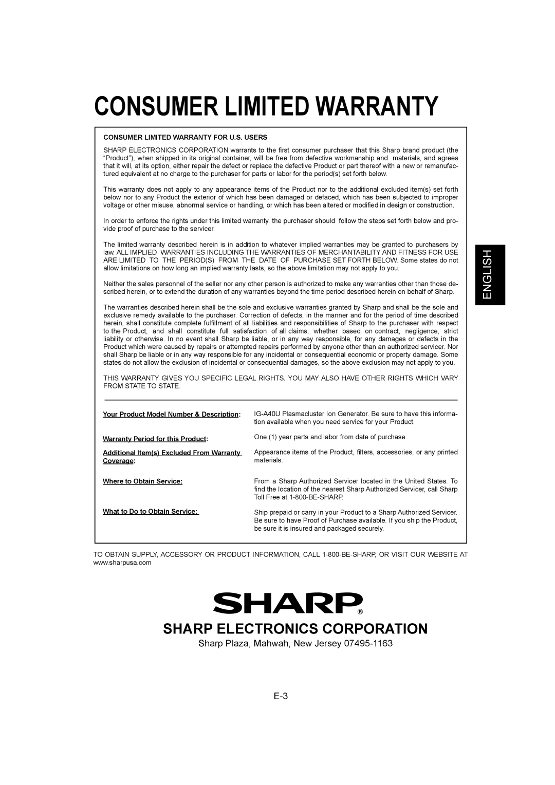 Sharp IG-A40U operation manual Consumer Limited Warranty, Sharp Plaza, Mahwah, New Jersey 