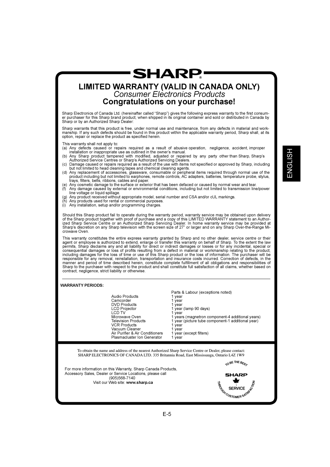 Sharp IG-A40U operation manual Limited Warranty Valid in Canada only 