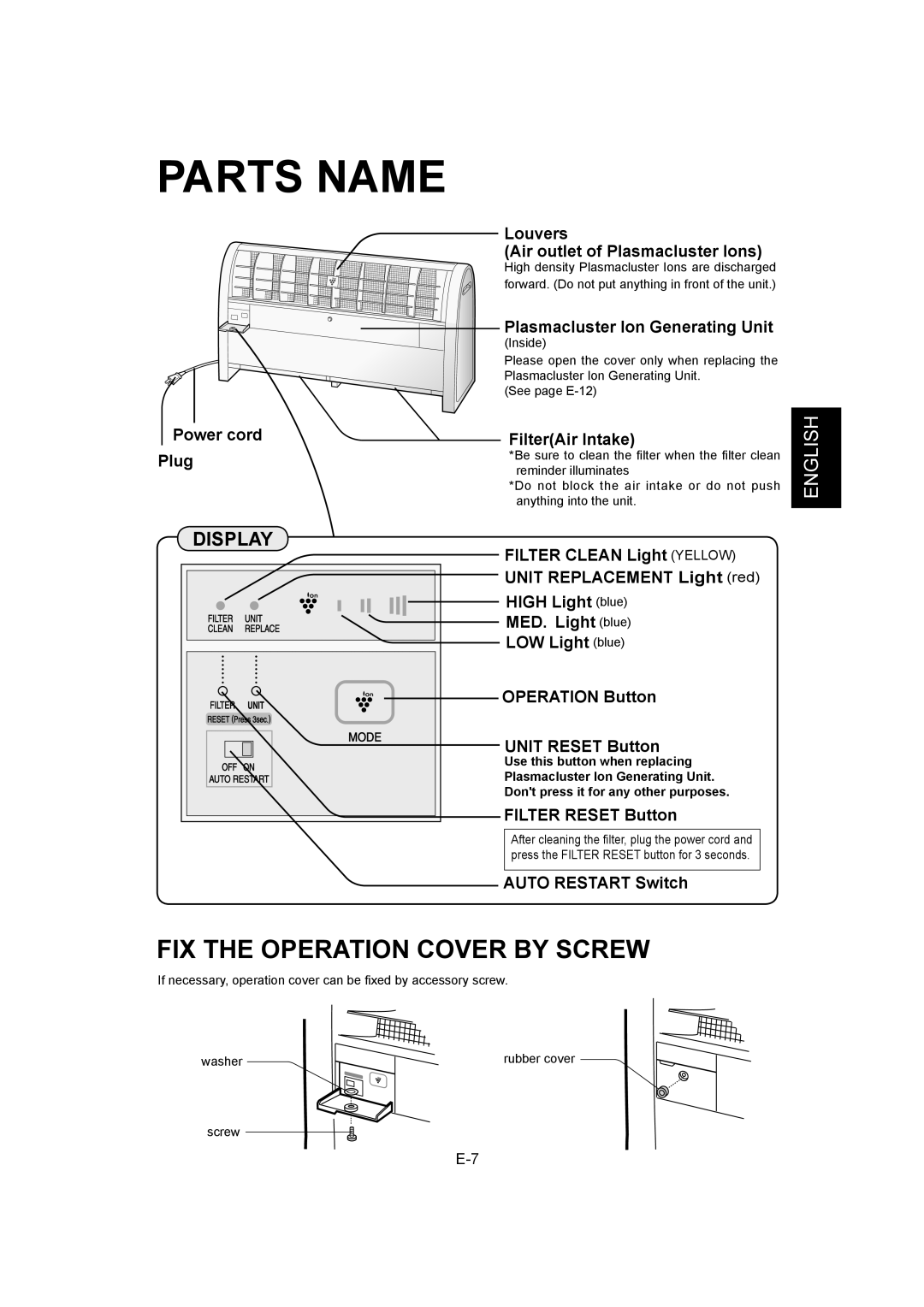 Sharp IG-A40U operation manual Parts Name, Display 