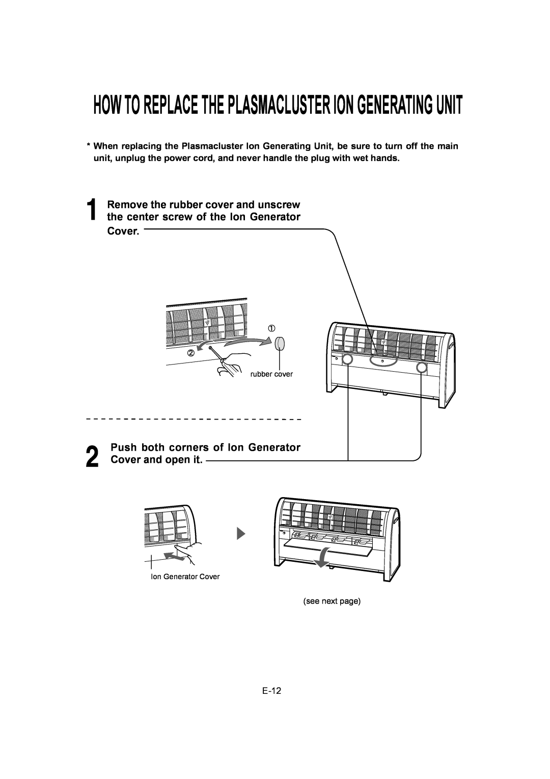 Sharp IG-A40U operation manual Push both corners of Ion Generator, Cover and open it, E-12 