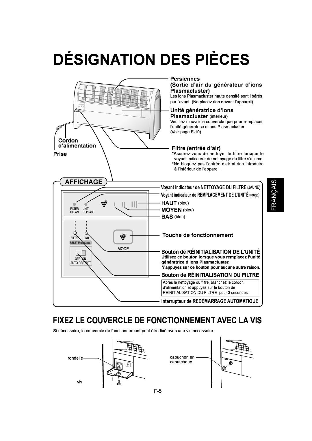 Sharp IG-A40U operation manual Désignation Des Pièces, Fixez Le Couvercle De Fonctionnement Avec La Vis, Français 