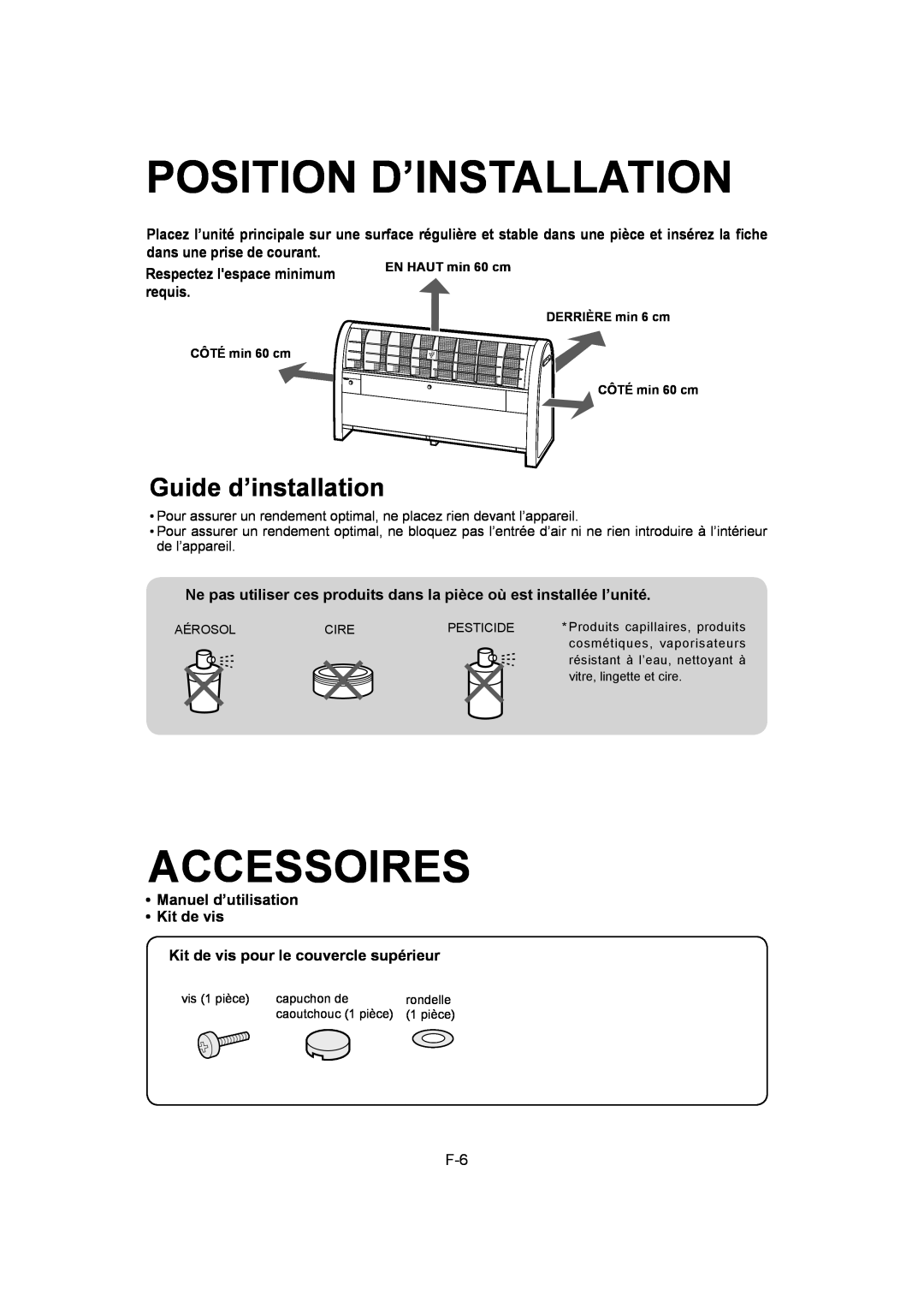 Sharp IG-A40U operation manual Position D’Installation, Accessoires, Guide d’installation, Respectez lespace minimum requis 