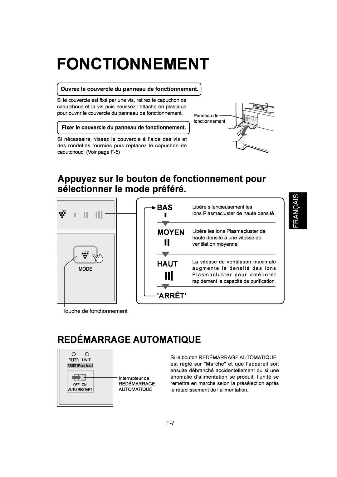 Sharp IG-A40U operation manual Fonctionnement, Redémarrage Automatique, Moyen, Haut, Arrêt, Français 