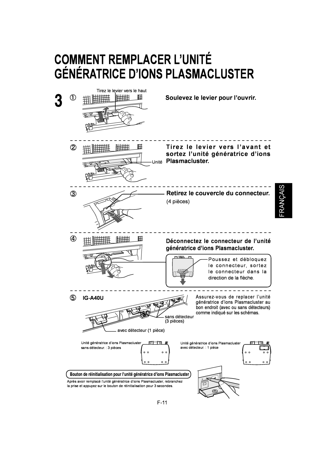 Sharp IG-A40U Soulevez le levier pour l’ouvrir, Unité Plasmacluster, Retirez le couvercle du connecteur, Français 