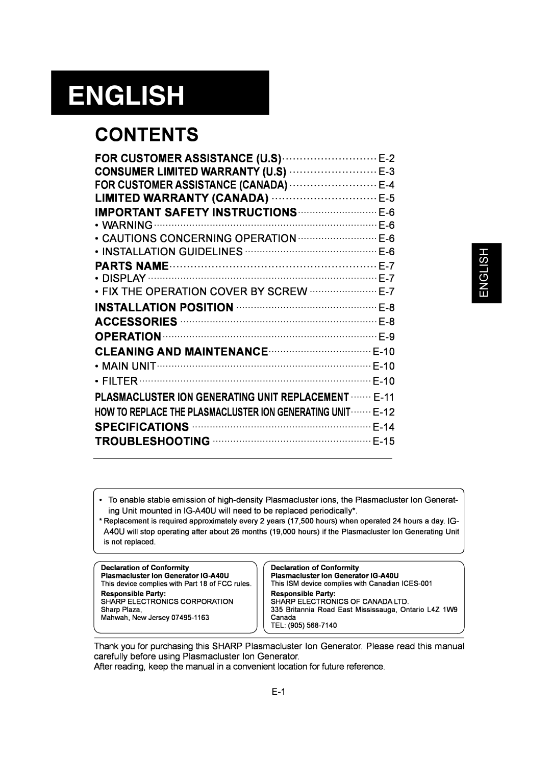 Sharp IG-A40U operation manual English, Contents 