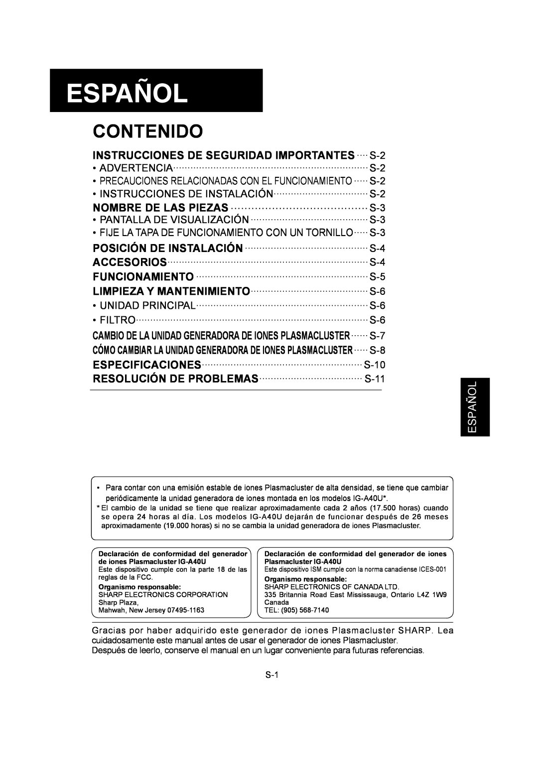 Sharp IG-A40U operation manual Español, Contenido 