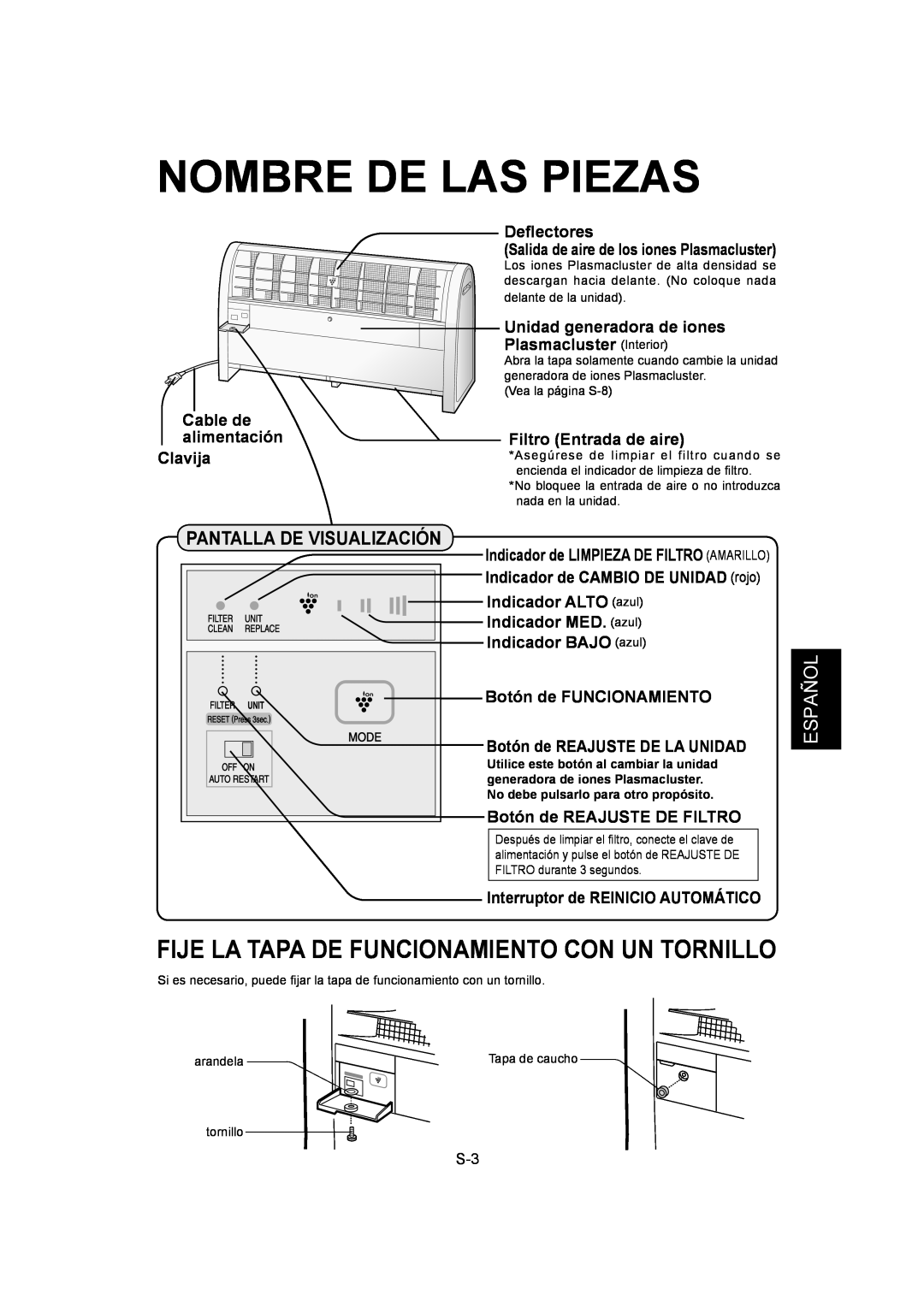 Sharp IG-A40U operation manual Nombre De Las Piezas, Fije La Tapa De Funcionamiento Con Un Tornillo, Español 