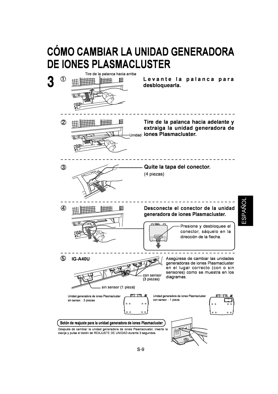 Sharp IG-A40U operation manual Español, L e v a n t e l a p a l a n c a p a r a, desbloquearla, Unidad iones Plasmacluster 