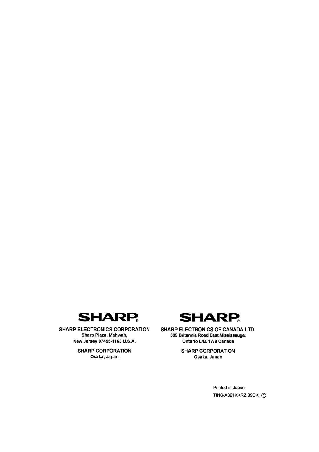 Sharp IG-A40U Sharp Electronics Corporation, Sharp Corporation, New Jersey 07495-1163U.S.A, Ontario L4Z 1W9 Canada 