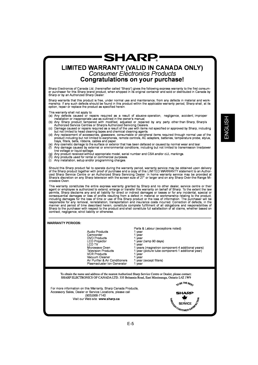 Sharp IG-A40U Limited Warranty Valid In Canada Only, Consumer Electronics Products, Congratulations on your purchase 
