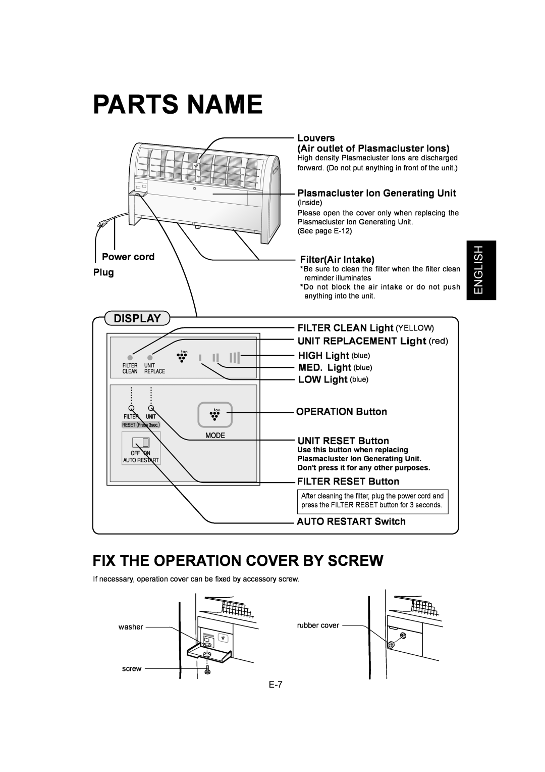 Sharp IG-A40U operation manual Parts Name, Fix The Operation Cover By Screw, Español Français English 
