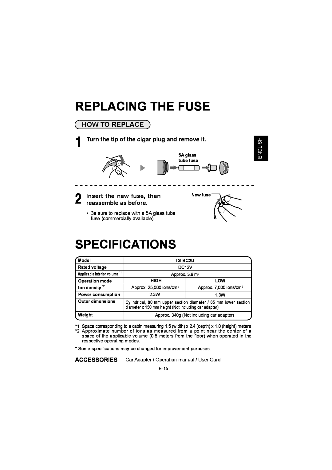 Sharp IG-BC2UB manuel dutilisation Replacing The Fuse, Specifications, How To Replace, English 