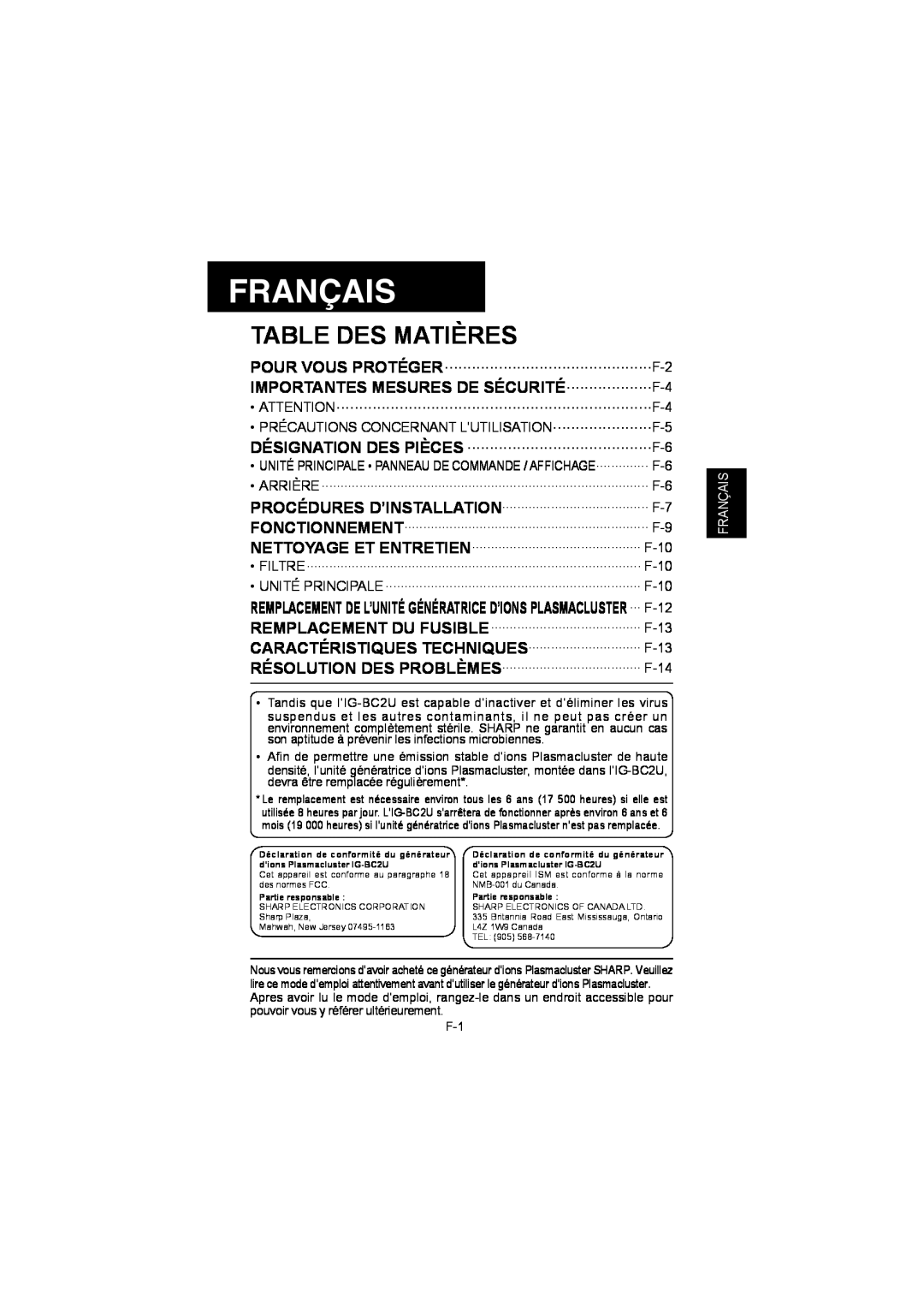 Sharp IG-BC2UB manuel dutilisation Français, Table Des Matières 