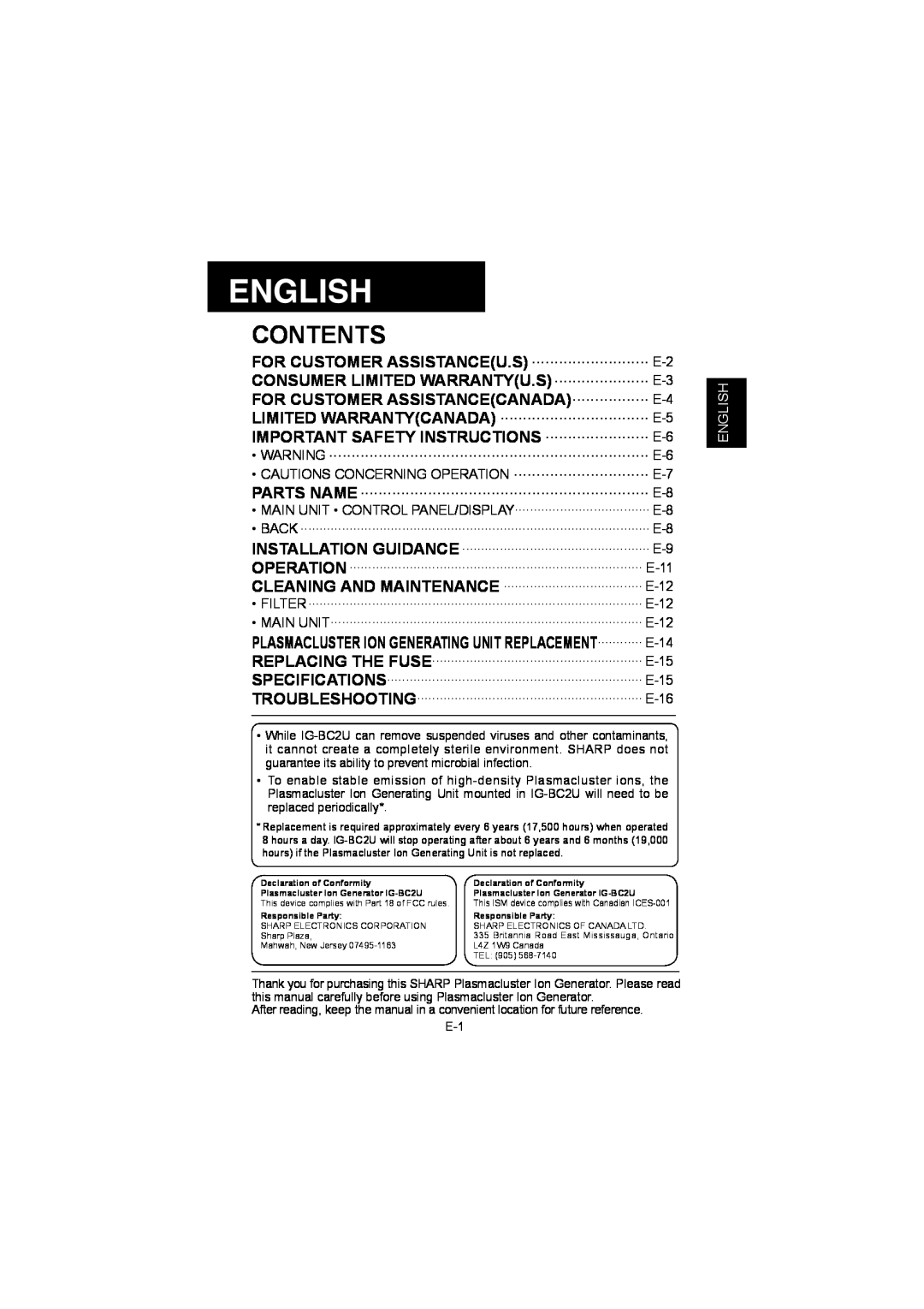 Sharp IG-BC2UB manuel dutilisation English, Contents 