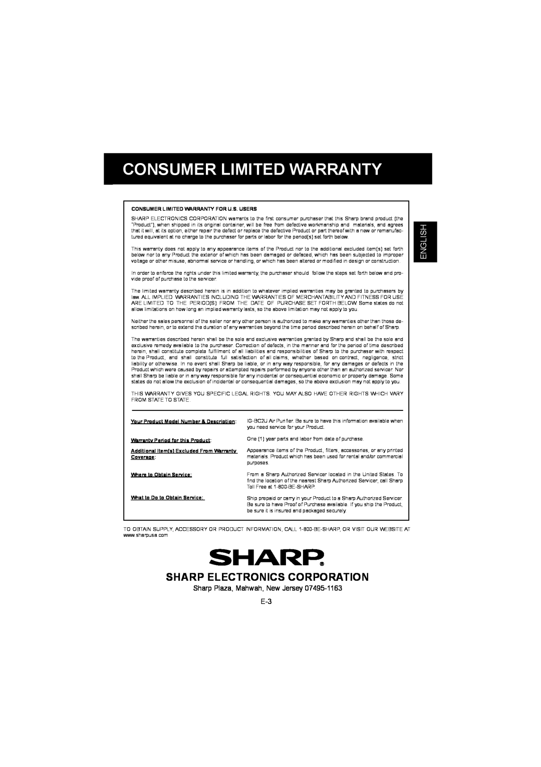 Sharp IG-BC2UB manuel dutilisation Sharp Electronics Corporation, English, Consumer Limited Warranty For U.S. Users 