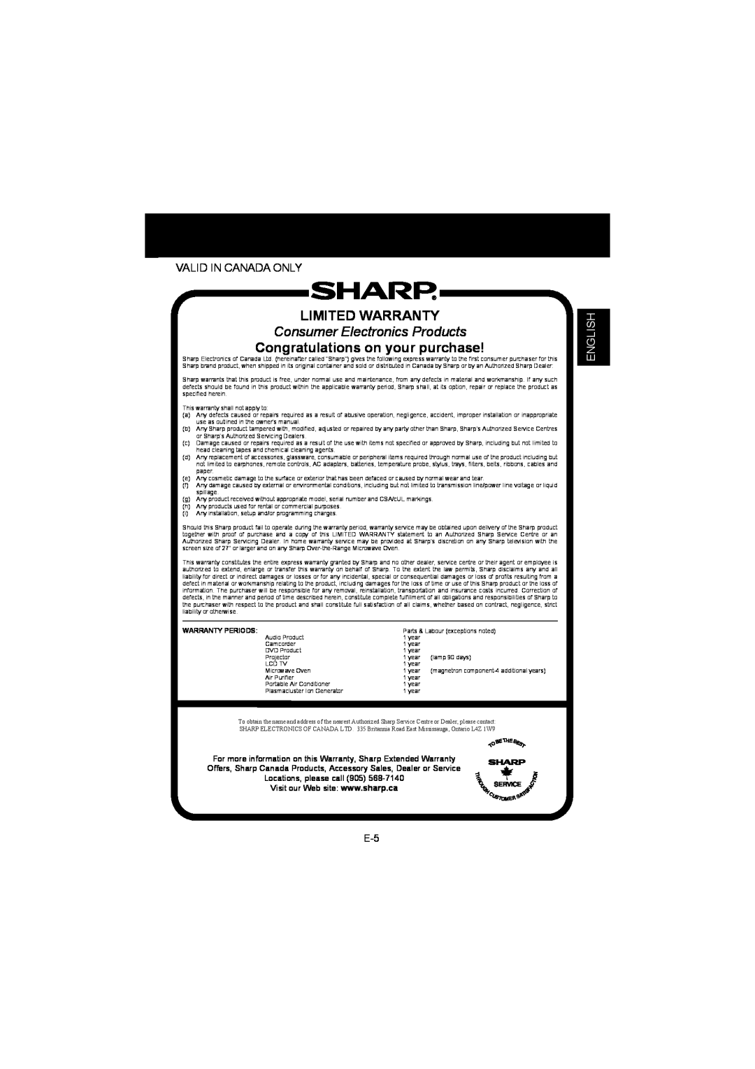Sharp IG-BC2UB Consumer Electronics Products, Limited Warranty, Congratulations on your purchase, English 